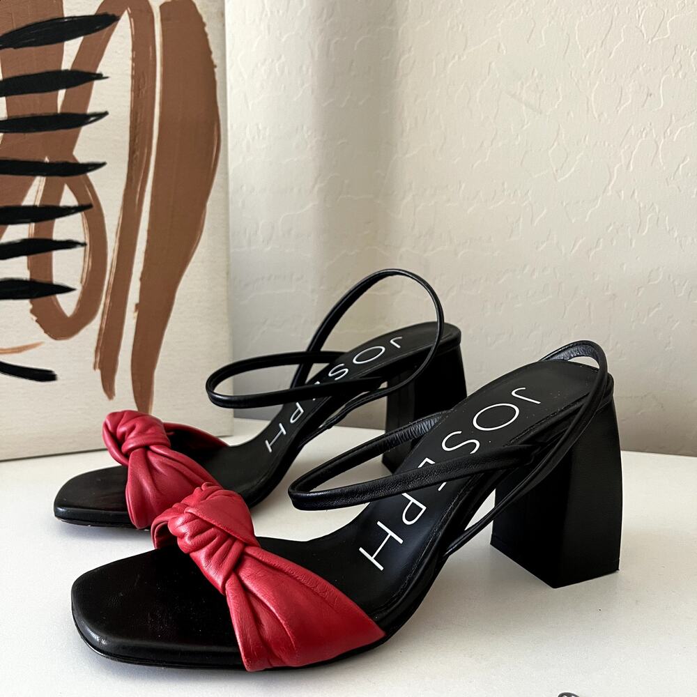 Joseph Heels Red Black Leather Knotted Two-Tone Block Heel Sandals Size‎ 36
